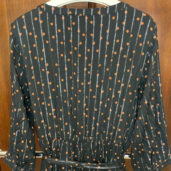 Lane Bryant Black with Silver Stripe and Brown Polka Dot Dress 3/4 Sleeves - Picture 7 of 8